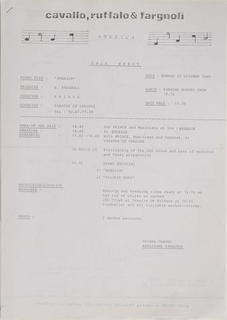 Lot #6062  Prince 1985 Call Sheet for 'America' Music Video - Image 1