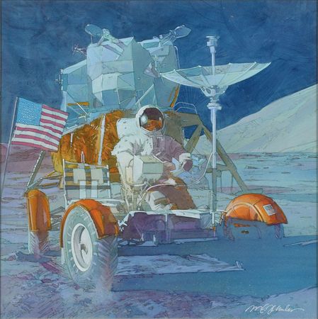 Lot #9212 Mark Schuler Original Apollo 15 'First Manned Lunar Vehicle' Painting - Image 1