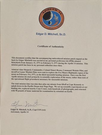 Lot #9172 Edgar Mitchell's Apollo 14 Flown Patch and Signed Display - Image 5