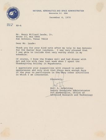 Lot #9076 Neil Armstrong 1970 Typed Letter Signed - Image 1