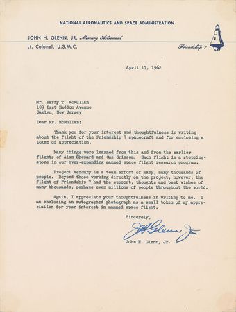 Lot #9015 John Glenn 1962 Typed Letter Signed