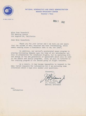 Lot #9016 John Glenn 1962 Typed Letter Signed