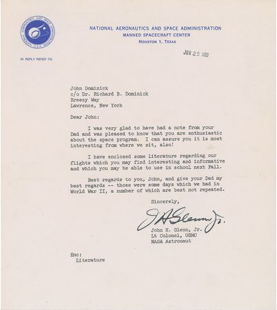 Lot #9017 John Glenn 1963 Typed Letter Signed