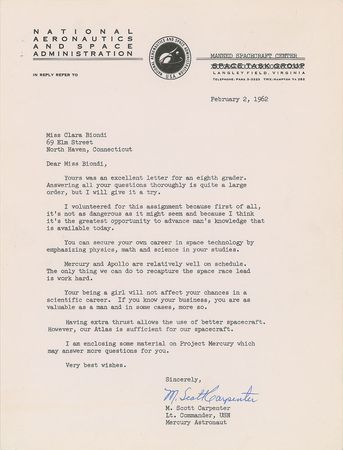 Lot #9012 Scott Carpenter 1962 Typed Letter Signed