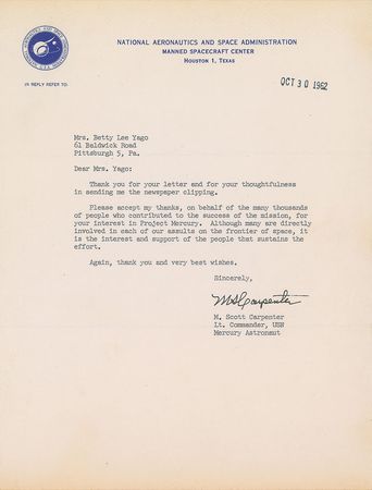 Lot #9011 Scott Carpenter 1962 Signed Letter and