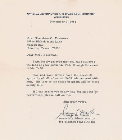 Lot #9041 Theodore C. Freeman: Signed Letter of Condolence from George E. Mueller - Image 1