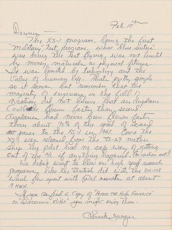Lot #9007 Chuck Yeager Handwritten Letter and Signed Photograph - Image 1