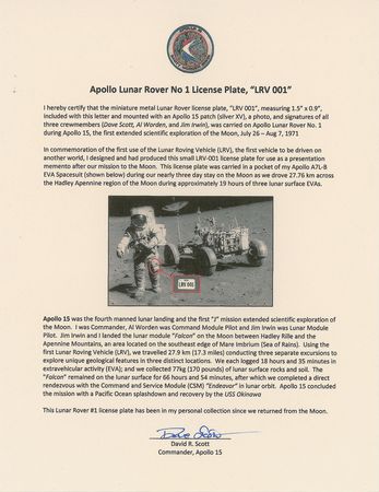 Lot #9174 Dave Scott?s Apollo 15 Lunar Surface-Flown License Plate Crew-Signed Display - Image 3