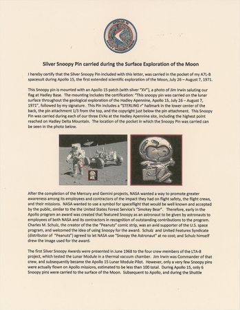 Lot #9176 Dave Scott's Apollo 15 Lunar Surface-Flown Snoopy Pin Signed Display - Image 4