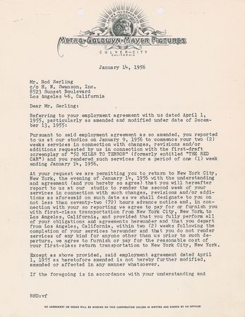 Lot #825 Rod Serling Signed Document - Image 1