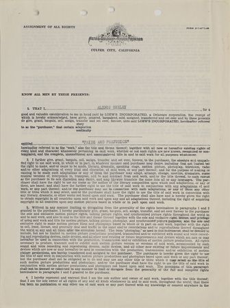 Lot #482 Aldous Huxley: Huxley assigns the rights to 