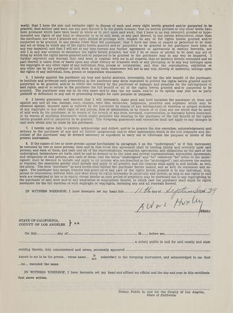 Lot #482 Aldous Huxley: Huxley assigns the rights to 