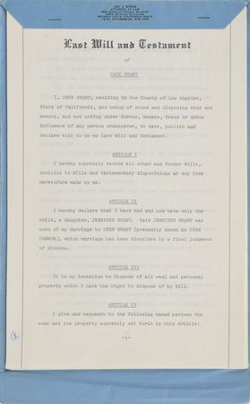 Lot #675 Cary Grant: Cary Grant's last will and testament—initialed by him 20 times - Image 1