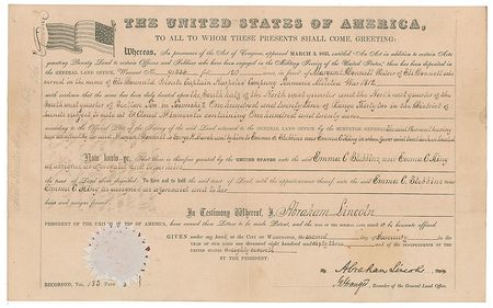 Lot #53 Abraham Lincoln: Virtually nonexistent Lincoln land grant, signed the day after he issued the Emancipation Proclamation - Image 1