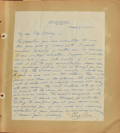 Lot #535 Leopold Auer: Archive compiled by Auer's pupil, a Minnesotan music teacher, including a handwritten speech given before 