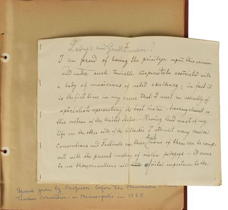Lot #535 Leopold Auer: Archive compiled by Auer's pupil, a Minnesotan music teacher, including a handwritten speech given before 