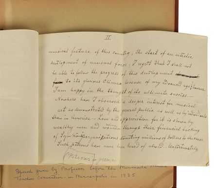 Lot #535 Leopold Auer: Archive compiled by Auer's pupil, a Minnesotan music teacher, including a handwritten speech given before 