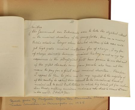 Lot #535 Leopold Auer: Archive compiled by Auer's pupil, a Minnesotan music teacher, including a handwritten speech given before 