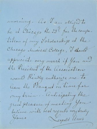 Lot #535 Leopold Auer: Archive compiled by Auer's pupil, a Minnesotan music teacher, including a handwritten speech given before 