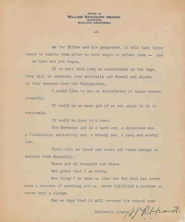 Lot #247 William Randolph Hearst: To director Raoul Walsh on WWII: 