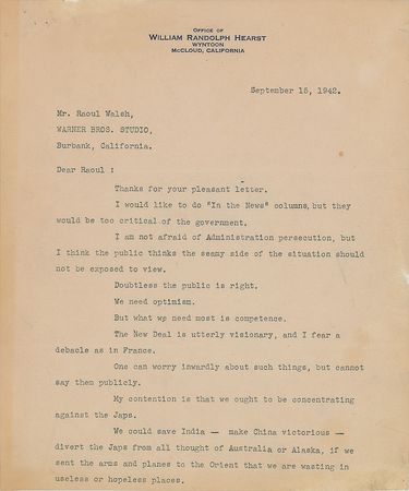 Lot #247 William Randolph Hearst: To director Raoul Walsh on WWII: 