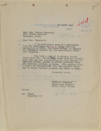 Lot #284 T. V. Soong: Soong permits the UNRRA 