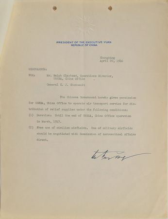 Lot #284 T. V. Soong: Soong permits the UNRRA 