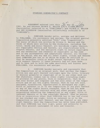 Lot #4009  Prince Signed Document for 'Cool' - Image 1