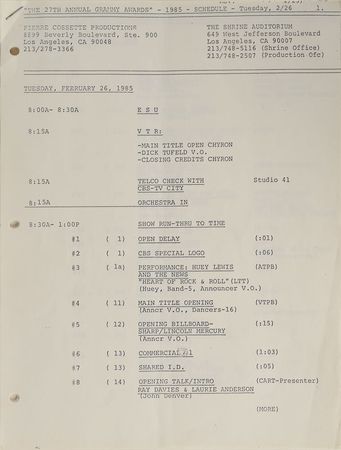 Lot #4072  Prince 1985 Grammy Awards Cue Sheet - Image 1