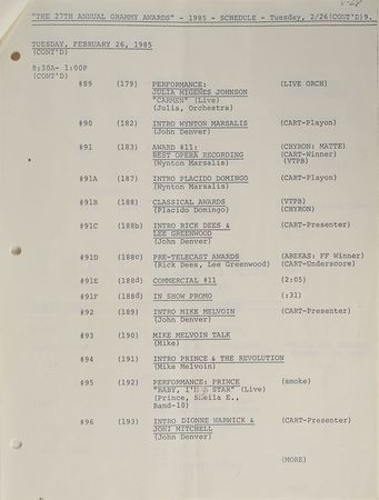 Lot #4072  Prince 1985 Grammy Awards Cue Sheet - Image 2
