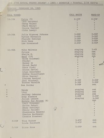 Lot #4072  Prince 1985 Grammy Awards Cue Sheet - Image 3