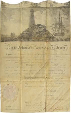 Lot #155 Thomas Jefferson: Early 1801 scallop-topped ship's pass, signed by Thomas Jefferson and Levi Lincoln - Image 1