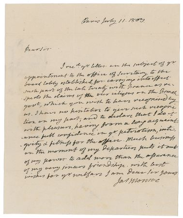Lot #157 James Monroe: After concluding the Louisiana Purchase, Monroe writes from Paris to pledge 