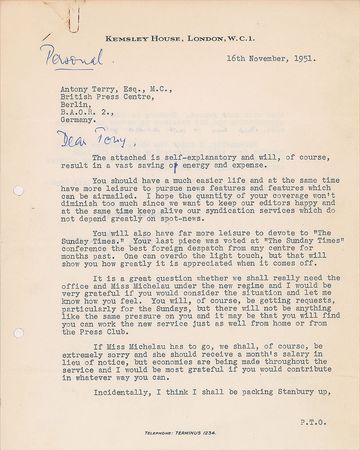 Lot #590 Ian Fleming: Written to a spy under his Kemsley cover - Image 1