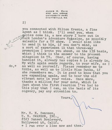 Lot #624 James M. Cain Typed Letter Signed - Image 2