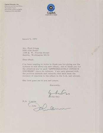 Lot #5033 John Lennon and Yoko Ono Typed Letter Signed - Image 1