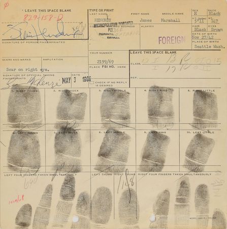 Lot #5094 Jimi Hendrix Signed 1969 Toronto Arrest Fingerprint Card - Image 1
