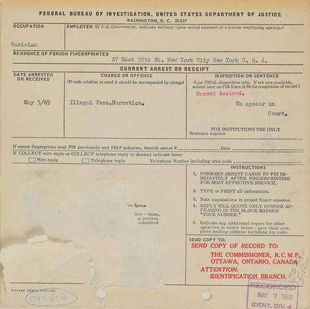 Lot #5094 Jimi Hendrix Signed 1969 Toronto Arrest Fingerprint Card - Image 2