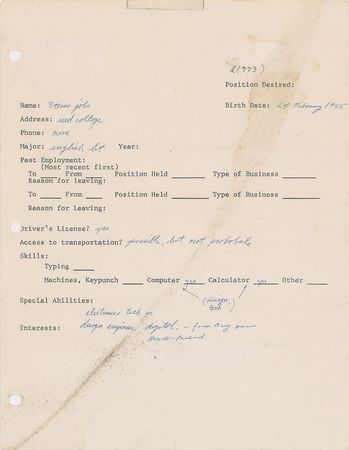 Lot #5002 Steve Jobs Signed Job Application