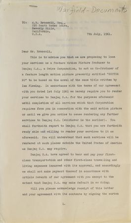Lot #5374 Cubby Broccoli Signed Dr. No Contract - Image 1