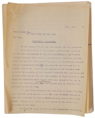 Lot #312 Titanic: The claim of an American ?passenger on board the unfortunate ?Titanic?? - Image 1