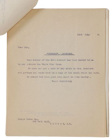 Lot #312 Titanic: The claim of an American ?passenger on board the unfortunate ?Titanic?? - Image 6