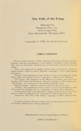 Lot #108 Orson Scott Card: The Folk of the Fringe Signed Book Book - Image 2