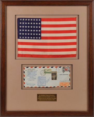 Lot #435 Howard Hughes: Signed cover and flag carried on Hughes's 1938 around-the-world flight - Image 1
