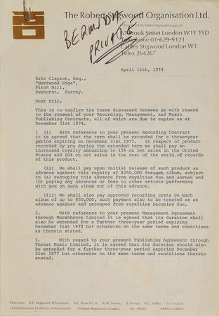 Lot #686 Eric Clapton: Clapton agrees to a three-year management contract - Image 1