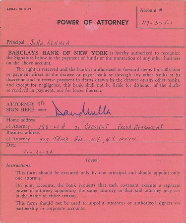 Lot #678 Beatles: John Lennon: Rare 1975 power of attorney document signed by Lennon - Image 2