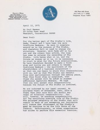 Lot #861 Lee Strasberg: Strasberg grants Newman membership into The Actors Studio - Image 1