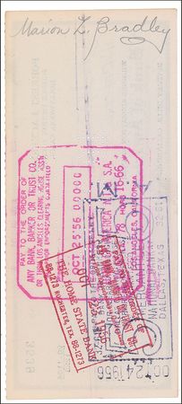 Lot #100 Forrest J. Ackerman and Marion Z. Bradley Signed Check - Image 2