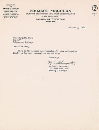 Lot #6093 Scott Carpenter 1961 Signed Letter and Photograph - Image 1