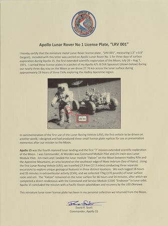 Lot #6526 Dave Scott?s Apollo 15 Lunar Surface-Flown License Plate - Image 2